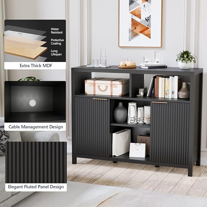 Sideboard Buffet Storage Cabinet, Modern Wood Sideboard with 2 Fluted Doors, Coffee Bar Buffet Table with 4 Large Open Shelf, Accent Storage Cabinet for Living Room Entryway, Black