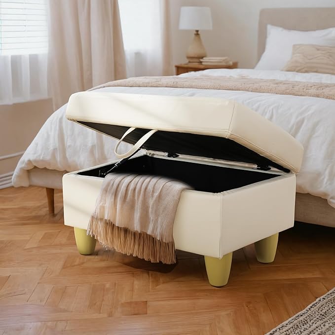 Ottoman Rectangular Storage Ottoman Bench, Faux Leather Footrest, Coffee Table, Stool Footstool with Hinged Lid for Living Room, Bedroom, Entryway, Off-White, 28.5"x19"x17.5"