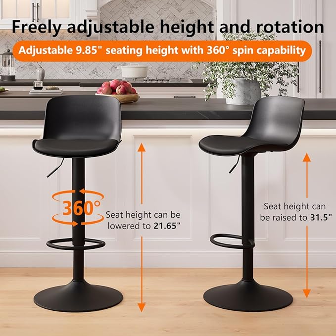Kidol & Shellder Bar Stools Set of 4 Adjustable Swivel Counter Height Stools, Modern PU Leather Upholstered with Back Solid Color Barstools for Kitchen Island Black