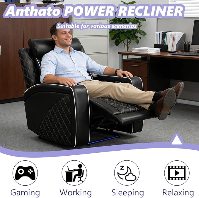 Power Leather Recliner Chair Sofa, Living Room Furniture Sets, Breathing Leather Reclining Couch Chair, Luxury Single Black Recliner with Cup Holder/Charging Port/LED for Home Theater/Office