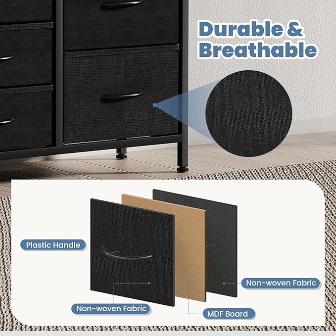 DUMOS TV Stand 7 Drawer Dresser for Bedroom with Storage TV Stands for Living Room Black, Farmhouse Entertainment Center Media Console Table with Metal Frame Adjustable Feet