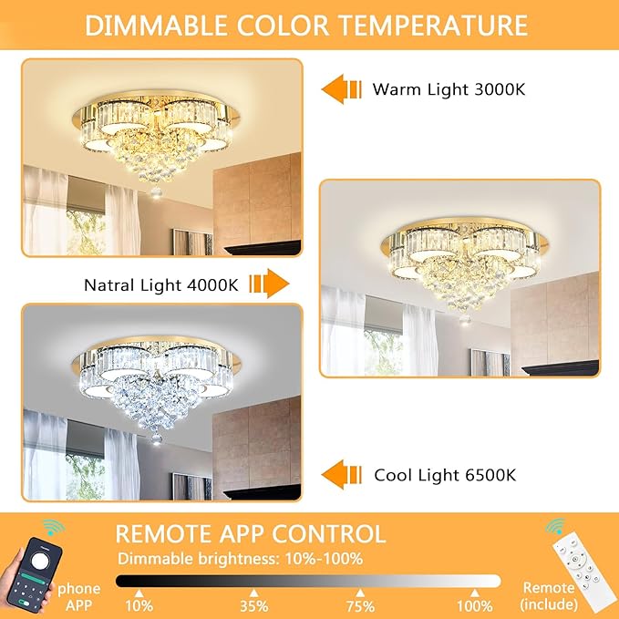 23.6'' Gold Modern Crystal Chandeliers for Dining Room LED Dimmable Light Fixtures Flush Mount Light Living Room Bedrooms