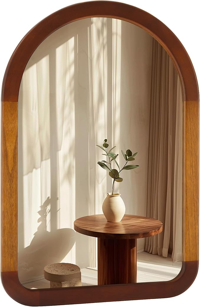 Arched Mirror 24 x 36 Inch,Brown Wood Rustic Bathroom Tempered Wall Mirror with Wood Frame,Round Corner Arch Farmhouse Wooden Vanity Mirror for Living Room,Entryway or Bedroom（Walnut Brown）