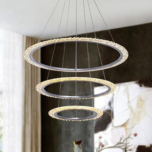 Modern LED Chandelier 𝐃𝟑𝟏.𝟓" 3 Ring Crystal Chandeliers for Dining Room Ceiling Lighting Fixture Adjustable Height Round Pendant Lights Silver Ring Chandelier for Living Room Bedroom