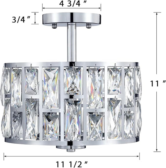 MEXO Farmhouse Crystal Round Semi Flush Mount Modern Close to Ceiling Light Fixture, Cylinder Drum Shade Ceiling Lights 3LT Ceiling Lamp for Kitchen Island Dinning Room Bedroom