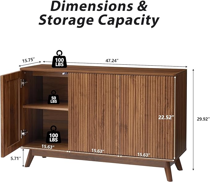 Fluted Sideboard Storage Cabinet with 3 Doors and Shelves, Mid Century Modern Accent Buffet Cabinet with Storage, Credenza Sideboard Buffet for Kitchen, Dining Room, Entryway, Under TV - Walnut