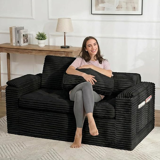 Boneless Loveseat Sofa, 60in Cloud Couch Sofa for Living Room 2 Seater Modern Lounge Sleeper Couch with Removable Cover Corduroy with Armrest, Seat Cushion & Pillows for Small Spaces, Black