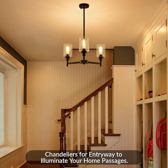 3 Lights Black Chandeliers for Dining Room Light Fixture Over Table, Entryway Chandelier for Foyer, Hallway Lighting Fixtures with Glass Shade for Dining Room Kitchen Island Foyer Hallway