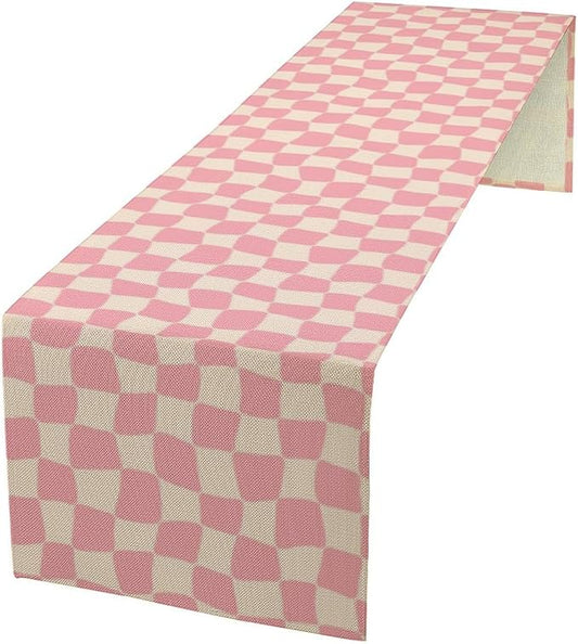 Boho Hippie Table Runner Groovy Pink Twisted Checkered Funky Modern Geometric Dinner Runner for Living Room Kitchen Party Holiday Dinner Home Decor 13x120in