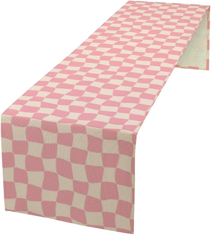 Boho Hippie Table Runner Groovy Pink Twisted Checkered Funky Modern Geometric Dinner Runner for Living Room Kitchen Party Holiday Dinner Home Decor 13x70in