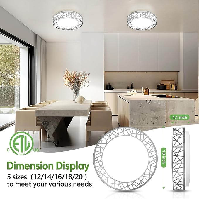 18 Inch Flush Mount Ceiling Light, Modern Brushed Nickel LED Ceiling Light Fixture, 35W 3500LM 2700-6500K Adjustable, Dimmable Ceiling Lights for Bedroom, Kitchen, Hallway, Bathroom, ETL