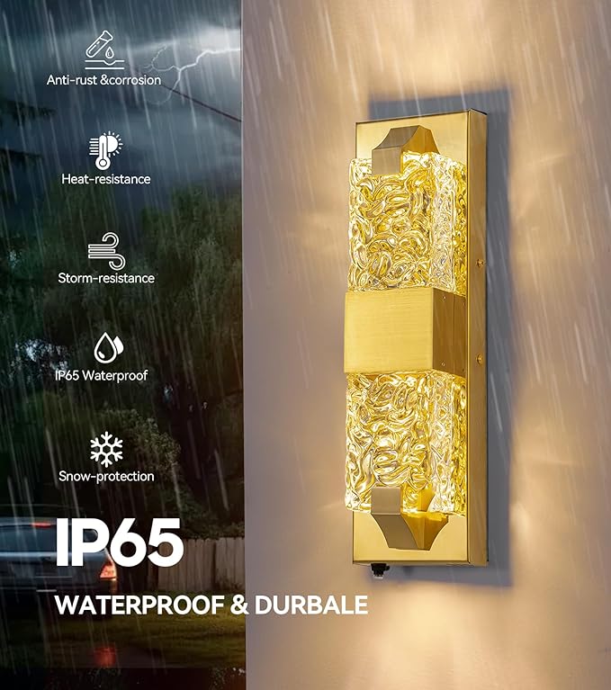 Dusk to Dawn Outdoor Lighting 2 PCS 15.6'' Porch Lights Outdoor IP65 Waterproof Gold Exterior Lighting Fixtures 12W LED Ripple Crystal Glass Modern Outside Light for House Hallway Doorway Patio