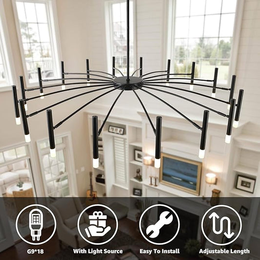NILSE LED 18-Light Black Modern Sputnik Chandelier with G9 Bulbs, 53 Inch Large Mid Century Light Fixture Dimmable Lighting for Dining Room Foyer Farmhouse Bedroom Living Room