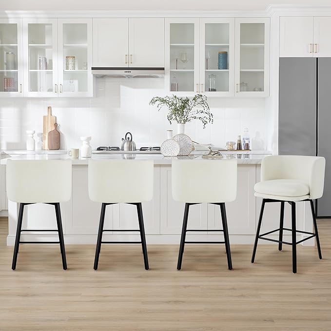26" H Counter Height Swivel Bar Stools Set of 4, Barrel Counter Stools with Backrest, Linen Fabric Upholstered Barstools with Metal Legs for Kitchen Island,Beige