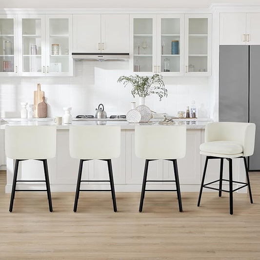 26" H Counter Height Swivel Bar Stools Set of 4, Barrel Counter Stools with Backrest, Linen Fabric Upholstered Barstools with Metal Legs for Kitchen Island,Beige