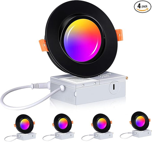 CLOUDY BAY [4 Pack] 4 inch Gimbal Smart WiFi LED Recessed Lights,RGBCW Color Changing,Compatible with Alexa and Google Home Assistant,No Hub Required,2700K-6500K,IC Rated,Black