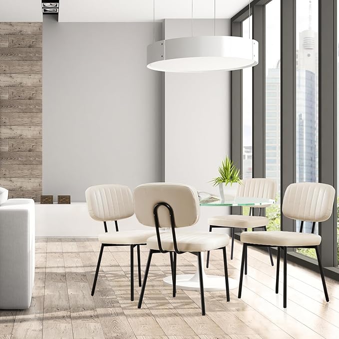 Sweetcrispy Dining Chairs Set of 6, Upholstered Mid Century Modern Kitchen Accent Chairs with Faux Leather Cushion Seat & Metal Legs for Home Office, Living Room - Beige White
