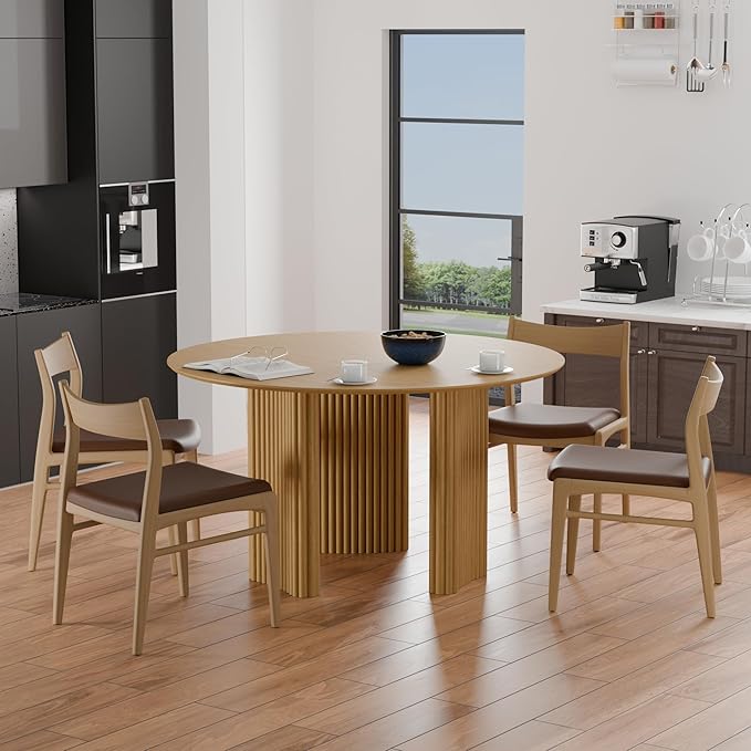 Casaphoria 52" Round Dining Table for 4-6, Farmhouse Style Table with Stripes Base, Easy Assembly for Living Room, Kitchen, Bar, Oak
