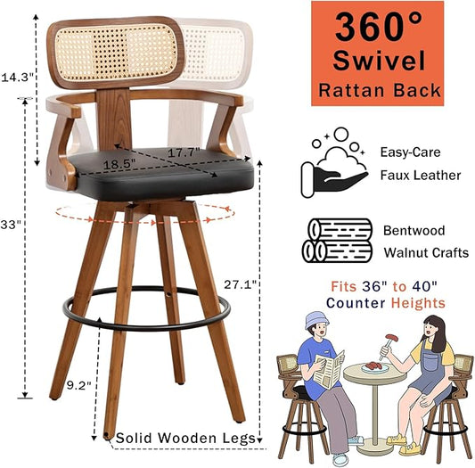 Set of 2 Counter Height Bar Stools - 27 inch Swivel Counter Stools with Walnut Craftsmanship, Cane Back, Upholstered Faux Leather, Kitchen Island Stools for Island/Pub/Kitchen (27" Seat Height, Black)