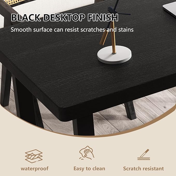 Modern Solid Wood Dining Table with Metal Base Stylish Durable Dining Room Table in Black Multiple Sizes Home Use Office Desk (Respectful Black, 47in)
