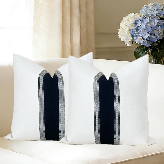 Slow Cow Linen Off White and Black Patchwork Throw Pillow Covers Decorative Cushion Covers 18 x 18 Inches
