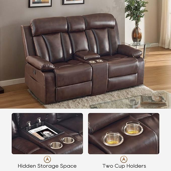 Power Reclining Loveseat with Console, Reclining Loveseat with Heat and Massage, Power Loveseat Recliner Sofa with Dual Ports, Cup Holders for Living Room, RV Sofa