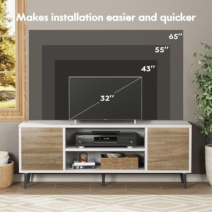 YESHOMY Modern TV Stand for 65" Television, Entertainment Center with Two Storage Cabinets and Open Shelves, Retro Style Media Console for Living Room, Bedroom, Office, 58 Inch, Light Beige