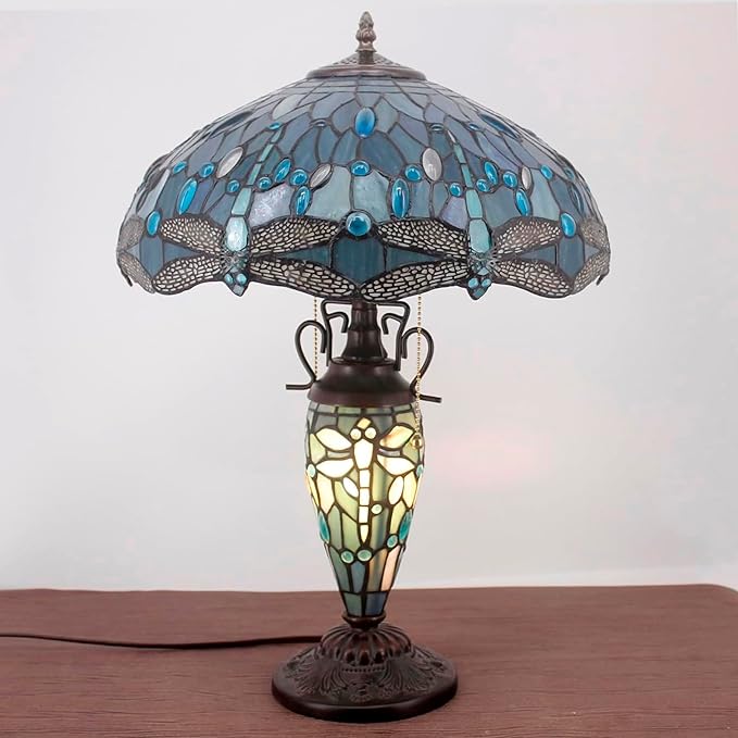 WERFACTORY Tiffany Table Lamp Sea Blue Stained Glass Dragonfly Style 16X16X24 Inches Mother-Daughter Vase Desk Reading Light Decor Bedroom Living Room Home Office S147 Series