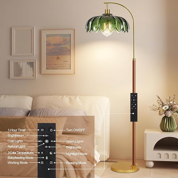 Wood Floor Lamps for Living Room,Gold Floor Lamp with Remote Control & Glass Lampshade,Arc Flower Lamp Dimmable Mid Century Modern Standing Lamp Vintage Brass Tall Floor Lamp For Bedroom Corner