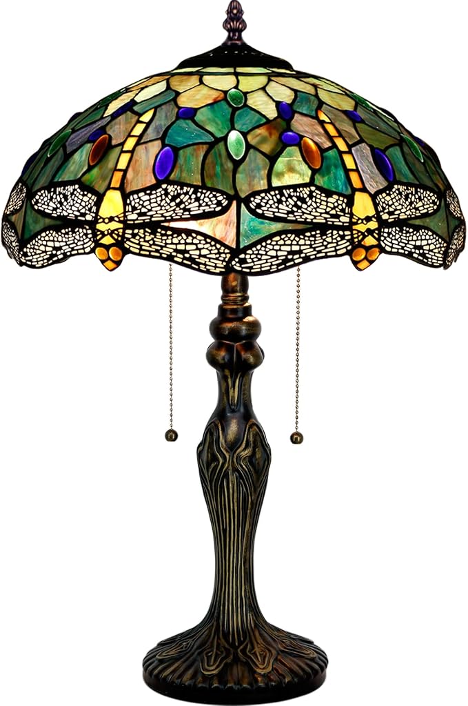 Tiffany Table Lamp Stained Glass Lamp 16X16X24 Inch Antique Reading Light (Amber Yellow Dragonfly)
