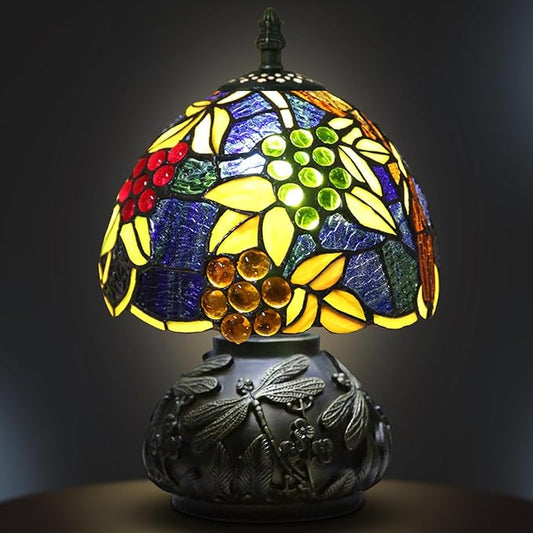 Small Tiffany Table Lamp,Stained Glass Lamp,8 Inch Mushroom Style Mini Vintage Desk Lights for Bedside, Bedroom,Nightstand,Living Room,3 Color Temperature (Yellow Leaf Grape)