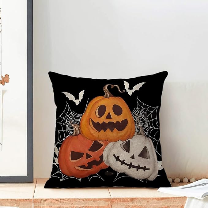 BETGINY Halloween Pillow Covers 18 x 18 Inch Pack of 2, Black Pumpkin Bat Spider Web Decorative Throw Pillow Covers Vintage Linen Farmhouse Outdoor Halloween Pillowcase for Bedroom Home Sofa Decor