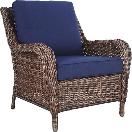 Cambridge Outdoor Wicker Club Chair All-Weather HDPE Rattan Patio Dining Chairs Lounge Seating with Soft Cushion, Midnight Navy Blue