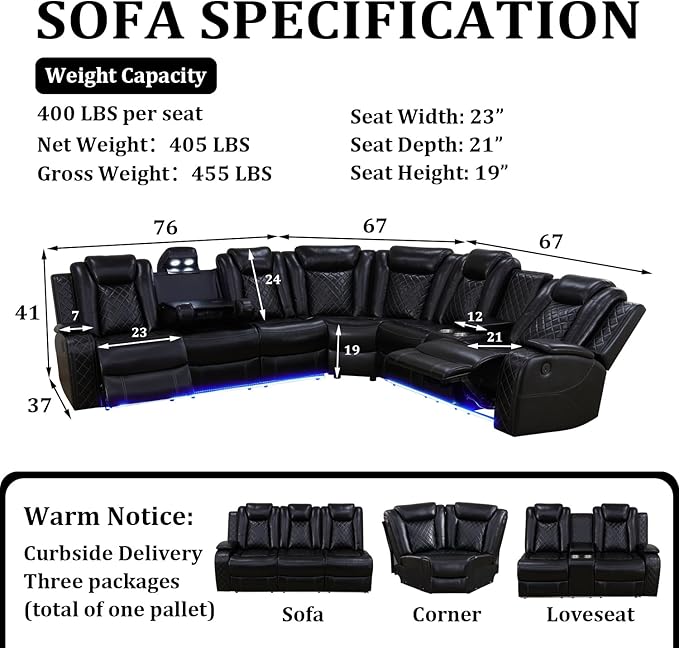 Power Reclining Sectional Sofa Set with LED Lights, Vegan Leather Recliner Sectional Couch for Living Room Furniture,Wireless Charging/USB Charging/Reading Lamp/Armrest Storage,Black