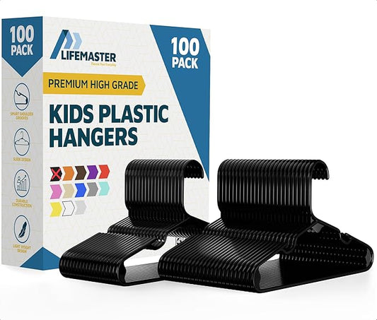 Lifemaster Plastic Kids Clothes Hanger – Children Clothes Hanger with Shoulder Notch, 11.6 Inch Space-Saving Closet Organizer for Baby, Toddler, and Kids Clothing, Hold Up To 5 lbs, Pack of 100, Black