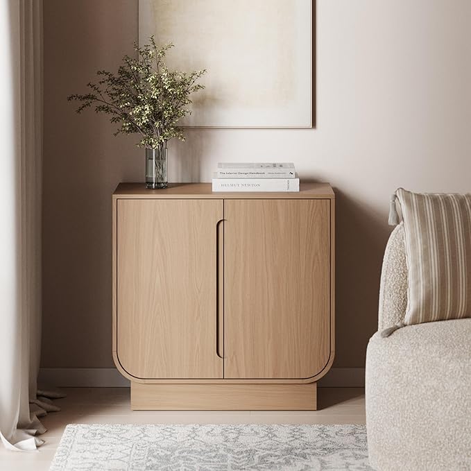 Nathan James Joey Mid Century Modern Storage Cabinet, Arched Accent Cabinet with Rounded Bottom Edges and Integrated Door Pull Cutouts, Raw Oak