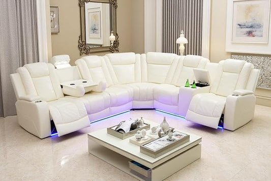 A Ainehome Leather Power Furniture Reclining Sectional Couch, Living Room Power Recliner Adjustable Sofa, Loveseat and Chair with Storage Console for Living Room/Office(Off-White)