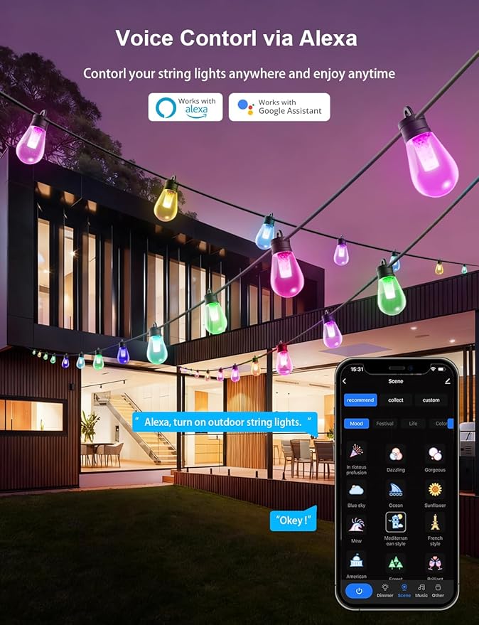 APPECK Outdoor String Lights, 100ft RGBW Smart Outdoor Patio Lights with 30 LED Bulbs, Extendable, 111 Scene Modes, IP65 Waterproof Lighting for Outside, Dimmable Warm White, Compatible with Alexa
