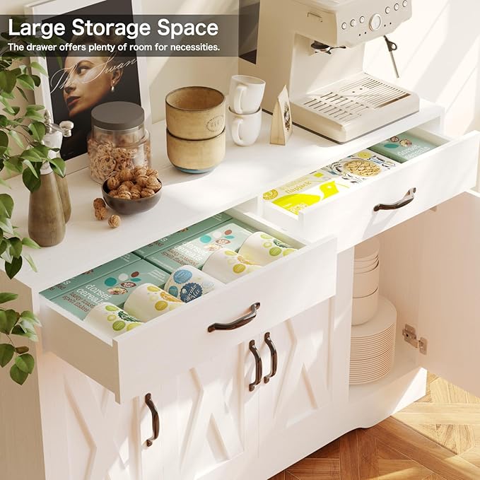 Sideboard Cabinet with Drawers, 47" W Sideboard Buffet Storage Cabinet with Storage for Kitchen, Farmhouse Coffee Bar Cabinets with Shlves and Doors for Hallway, White
