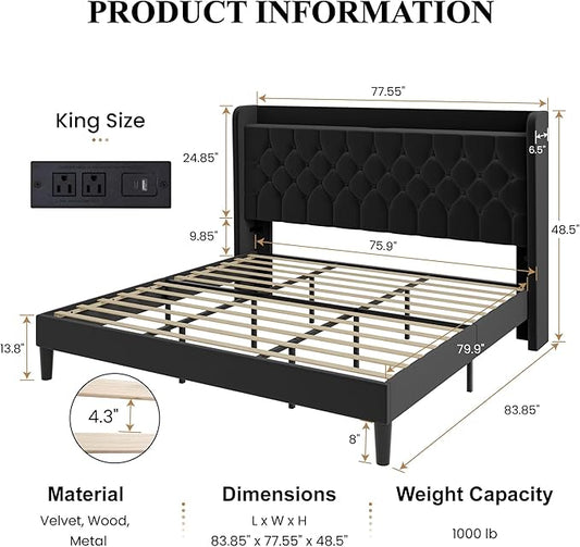 SHA CERLIN King Size Platform Bed Frame with Charging Station, Velvet Wingback Headboard with Storage Shelf, Wooden Slats Support, Ample Under-Bed Space, No Box Spring Needed, Easy Assembly, Black
