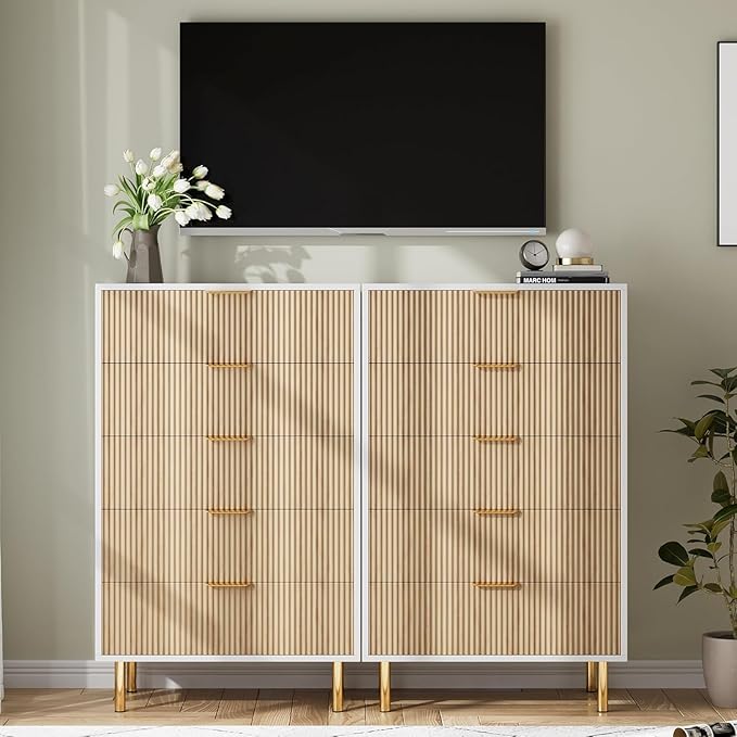 IDEALHOUSE Natural Dresser, Modern 5 Drawer Dresser for Bedroom with Gold Handle and Large Drawer, Wood Double Chest of Drawers and Storage Organizer for Living Room, Hallway, Entryway