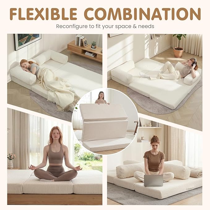JUIKURY Folding Sofa Bed, Convertible Sleeper Chair with Pilow Foldable Matress, 2 in 1 Pull Out Loveseat Sofa Portable Fold Out Chair Bed Floor Couch Lounge for Living Room (Beige, Queen-82"L x 60"W)