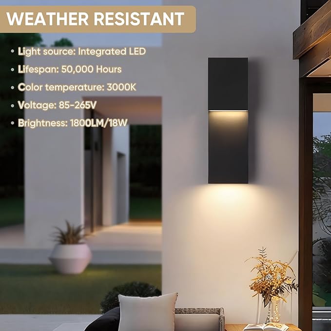 Fire Wolf 16" Modern Outdoor House Lights Wall Mount, Aluminum 18W LED 3000K Dual-Source Wall Sconce, Anti Rust Exterior Lighting Fixtures for Porch,Patio,Garden,Indoor/Outdoor (Black)