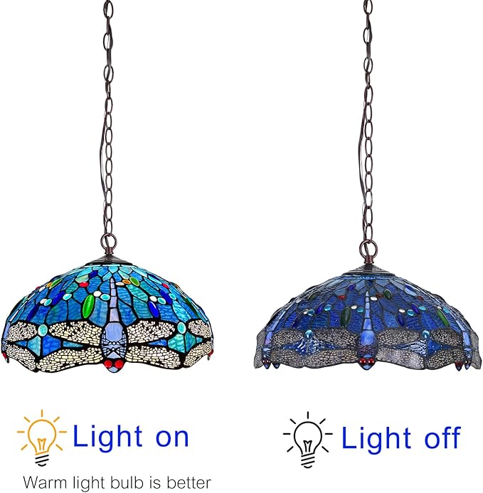 Capulina Tiffany Lamp Stained Glass Pendant Light 2-Light 16 Inches Wide Antique Blue Dragonfly Tiffany Style Hanging Lamp for Dining Room Kitchen Island Home Farmhouse