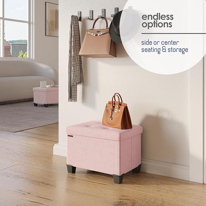 Storage Ottoman Cube with Small Bin, 16-in Square Ottoman with Storage for Living Room and Bedroom, Small Ottomans Foot Rest, Velvet Foot Stools Ottomans Max 330lbs, Pink