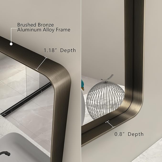 26x36 Inch Bronze Framed Mirror, Brushed Bronze Metal Bathroom Vanity Mirror for Wall, Modern Rectangle Mirror, Rounded Corner, Anti-Rust (Horizontal/Vertical)