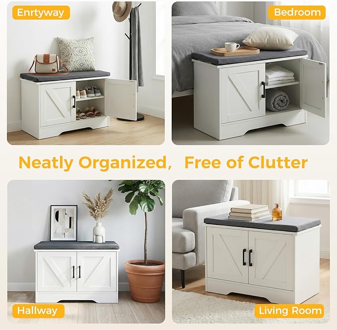 NEWBULIG 2-Tier Storage Bench, 47" Wide Shoe Bench with Padded Seat Cushion, Entryway Bench with 4 Barn Doors and Adjustable Shelf, White