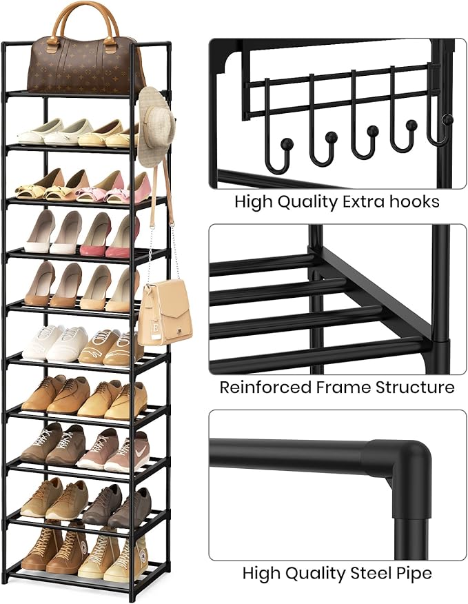 Narrow Shoe Rack 10 Tiers Tall Shoe Rack for Entryway 20 24 Pairs Shoe & Boots Organizer Storage Shelf Durable Black Metal Stackable Shoe Cabinet with Hooks, 17.1D x 11.8W x 78.7H in