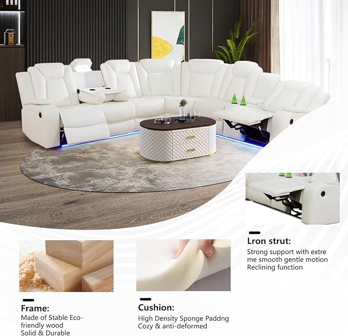Power Recliner Sectional Sofa with LED Lighting, Breathing Leather Corner Couch with USB Port,Storage Console, Cup Holders, Reading Light – Home Theater & Living Room Seating (Cream White)