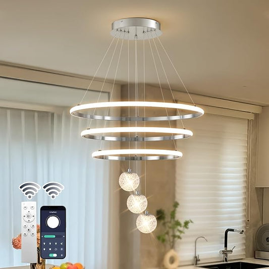 LED Modern 3 Ring Chandeliers for Dining Room, 24in Dimmable Kitchen Pendant Lamp, Silver Dining Room Light Fixtures Ceiling Hanging Over Table, Globe Round Chandeliers for Living Room, Chrome
